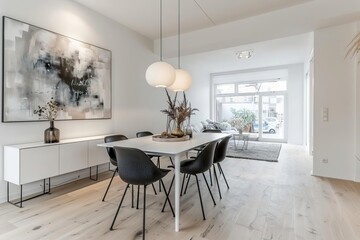 An elegant minimalist dining room featuring white walls and light oak floors The room includes a white dining table with sleek black chairs and a minimalist sideboard in white A si