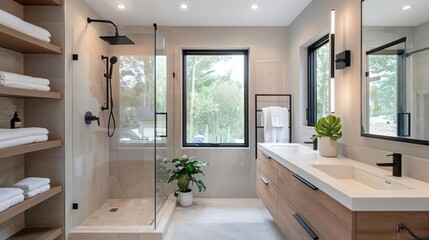 A cozy minimalist bathroom with light gray tiles and large windows that let in natural light The room includes a walkin shower with a glass enclosure and black metal frame