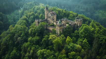 A majestic hilltop castle, encircled by ancient forests, exudes timeless pride. Its stone walls whisper history.