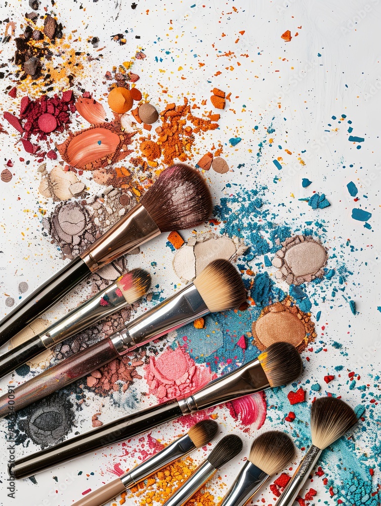 Poster a collection of makeup brushes covered in vibrant eyeshadow and blush powders on a white background.