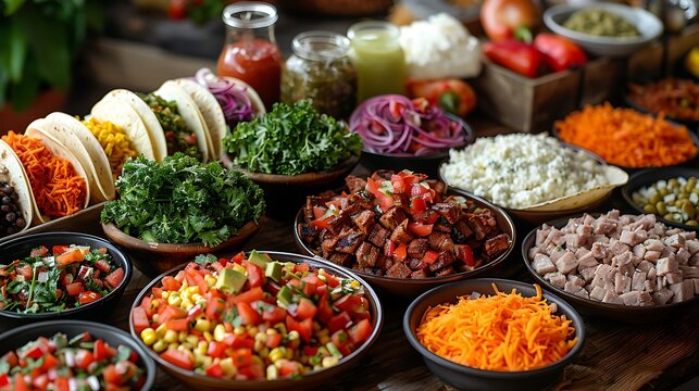 A festive taco bar scene with an array of condiments and fillings laid out for custom taco creation.