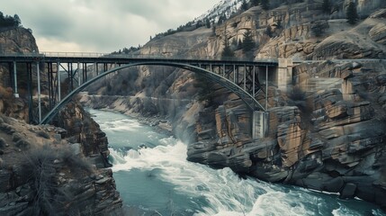 A beautifully engineered bridge stands over a roaring river, symbolizing human achievement and architectural prowess.