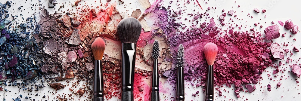 Poster makeup brushes covered in colorful eyeshadow and blush, creating a visually appealing composition ag