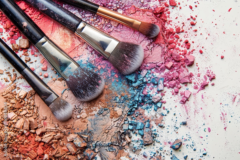 Poster several makeup brushes lay on a white surface covered in crushed eyeshadow and blush. generative ai