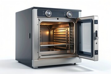 Isolated convection oven with stainless steel design - A front-facing view of an isolated convection oven with a modern stainless steel design and visible interior racks and lighting