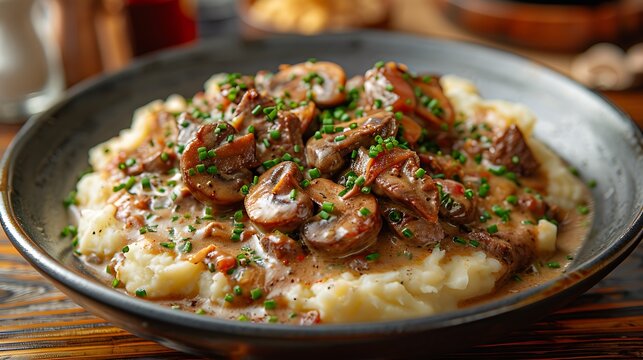 A gourmet presentation of beef stroganoff, featuring tender beef strips in a rich mushroom and sour cream sauce, served over mashed potatoes.