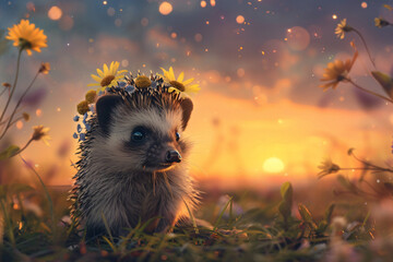 The hedgehog wears a flower crown with a pretty background