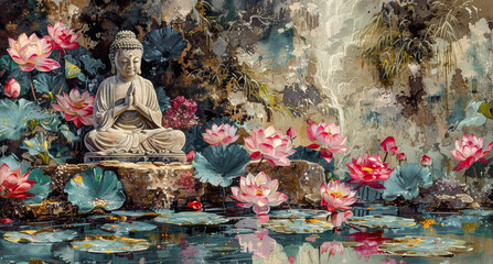 Serene Buddha Statue Amidst Blooming Lotus Flowers: A Tranquil Scene Capturing Spiritual Harmony, Peaceful Reflection, and Natural Beauty in a Mystical Water Garden Wallpaper Digital Art Poster 
