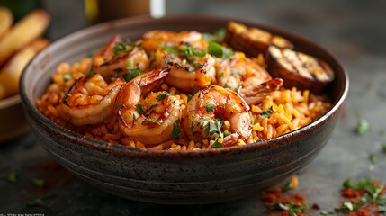 Fototapeta premium A gourmet serving of jollof rice, featuring perfectly cooked rice with a rich tomato base, garnished with fresh herbs.