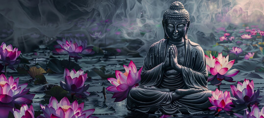 Serene Buddha Statue Amidst Blooming Lotus Flowers: A Tranquil Scene Capturing Spiritual Harmony, Peaceful Reflection, and Natural Beauty in a Mystical Water Garden Wallpaper Digital Art Poster 