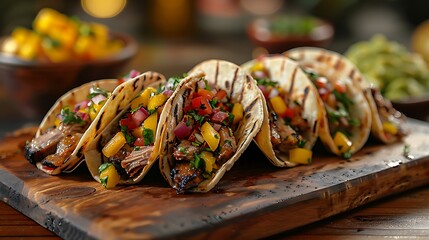 A gourmet taco setup featuring duck confit tacos with a mango salsa, presented elegantly on a wooden board with a side of creamy guacamole.