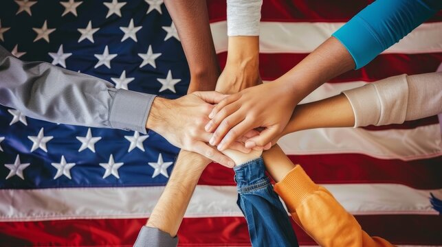 A symbol of American togetherness with diverse individuals uniting under the flag.