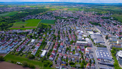 Aerial around the old town of the city Asperg on spring day around noon.