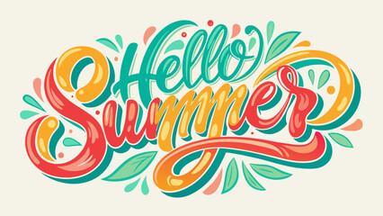 Word text Hello Summer, vibrant and colorful retro style. graphic illustration, summer-themed designs, greeting cards, t-shirts, posters, or social media posts celebrating arrival of the warm season