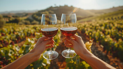 Hands holding and cheering a couple of red and white wine glasses selective focus close up view against, path road between vineyards background