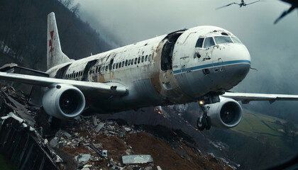 Obraz premium A damaged airplane crashes into a mountainside during a stormy weather event