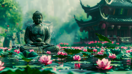Serene Buddha Statue Amidst Blooming Lotus Flowers: A Tranquil Scene Capturing Spiritual Harmony, Peaceful Reflection, and Natural Beauty in a Mystical Water Garden Wallpaper Digital Art Poster 