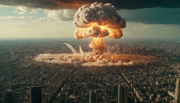 A mushroom cloud rises from a nuclear explosion over a city, with the smoke billowing into the sky