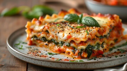A plate of lasagna with layers of pasta, spinach, ricotta, and tomato sauce, topped with melted mozzarella and garnished with basil leaves.