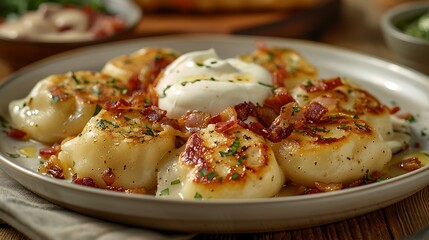 A plate of pierogi with golden-brown dumplings filled with potatoes and cheese, garnished with sautéed onions and crispy bacon bits.