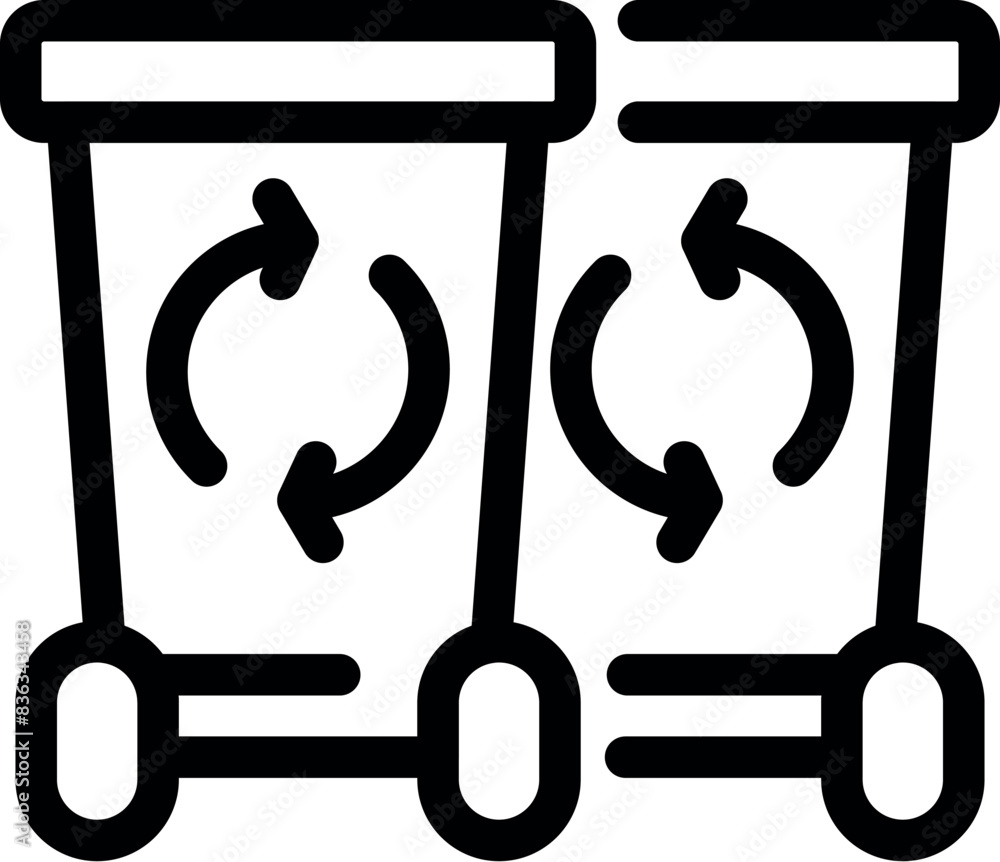 Poster black and white vector icon of two recycling bins with circular arrows, representing waste sorting
