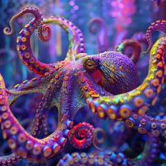 Obraz premium Colorful Octopus With Tentacles Extended In Underwater Scene
