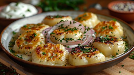 A rustic serving of pierogi, featuring golden-brown dumplings filled with savory potatoes and cheese, garnished with sautéed onions and fresh parsley.