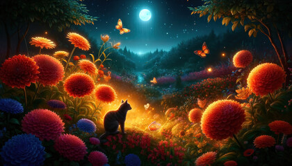 Fantastic garden with flowers 20. Cat and butterflies in a garden with flowers and deer illuminated by mystical mysterious light at night under the moonlight