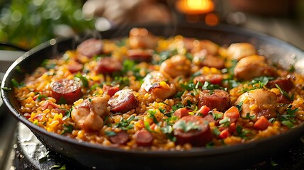 A simple yet delicious paella with chorizo and chicken, the saffron rice glowing warmly in the evening light.