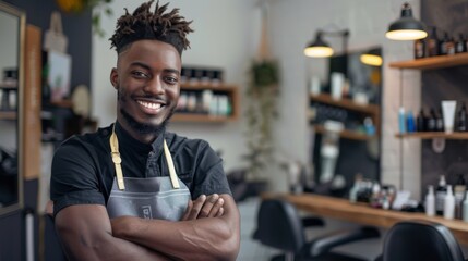 Portrait of a confident young african american male hairdresser in an apron standing next to a salon chair