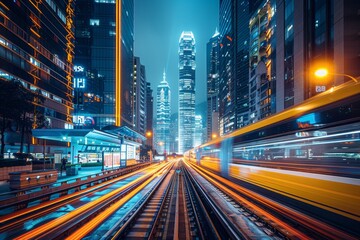 Fototapeta premium Capture the vibrant city lights, long exposure streaks, and dynamic angles in the bustling urban nightlife scene