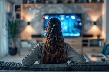 Back view of woman sitting on soft sofa and watching tv
