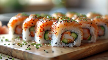 A variety of sushi rolls, including spicy tuna, cucumber, and crab, displayed on a traditional Japanese serving tray.