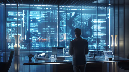 Fototapeta premium Man standing at desk with laptop