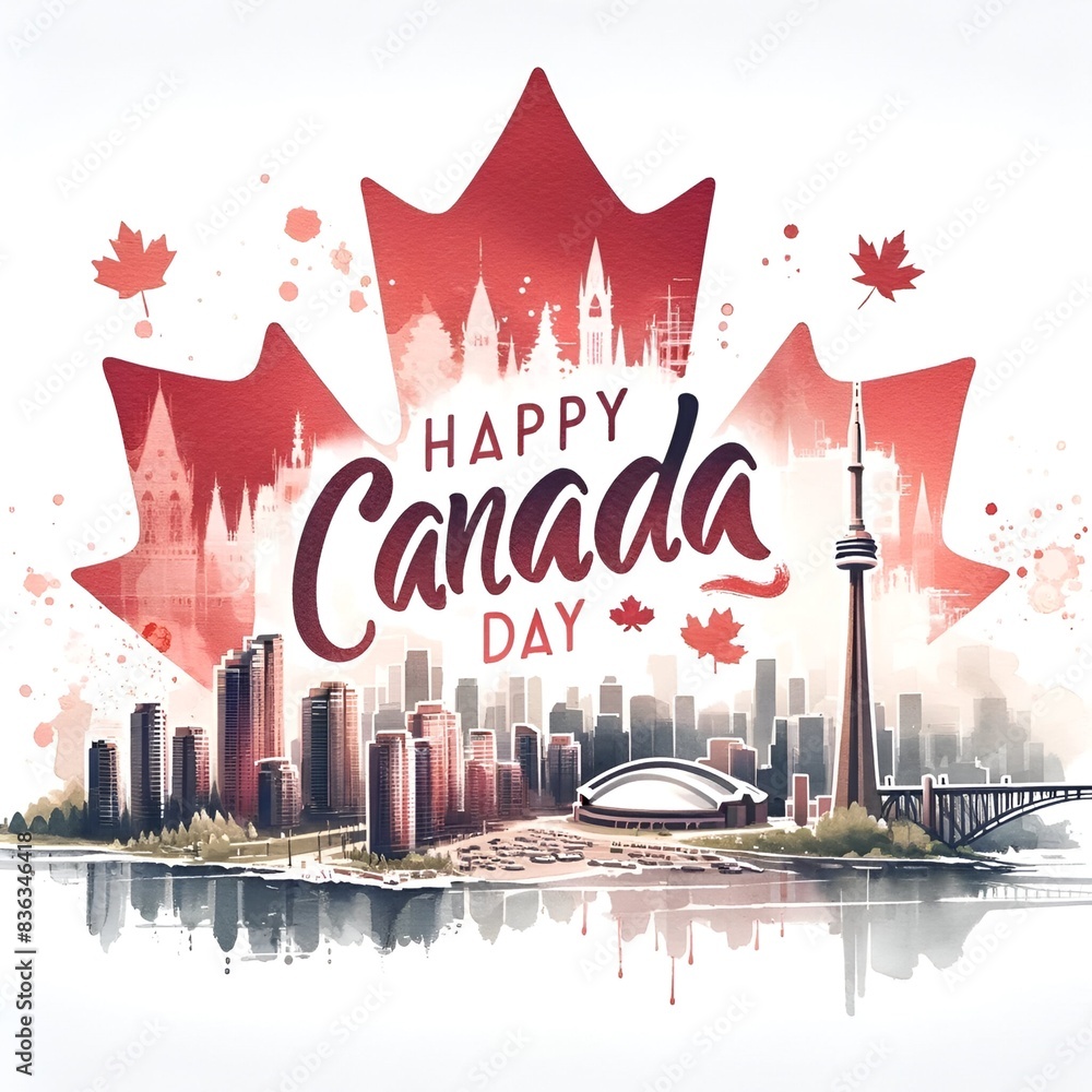 Wall mural watercolor illustration for canada day with a city skyline.