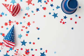 Obraz premium 4th of July American Independence Day decorations on white background. flat lay, holiday minimal concept.