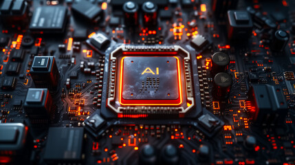 Fototapeta premium Advanced AI Chip on High Tech Futuristic Circuit Board. Information Technology, Data Science, Hardware Software Development, Innovation, Cyberspace. Smart Product, Service, Solution, Automation
