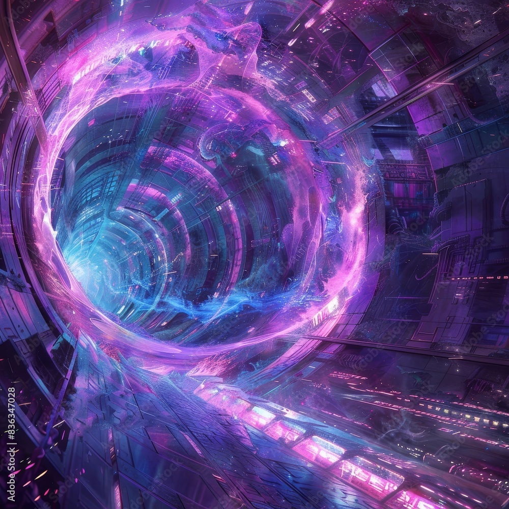 Poster a colorful cosmic vortex spiraling through space, illuminated by neon hues, creates a mesmerizing vi