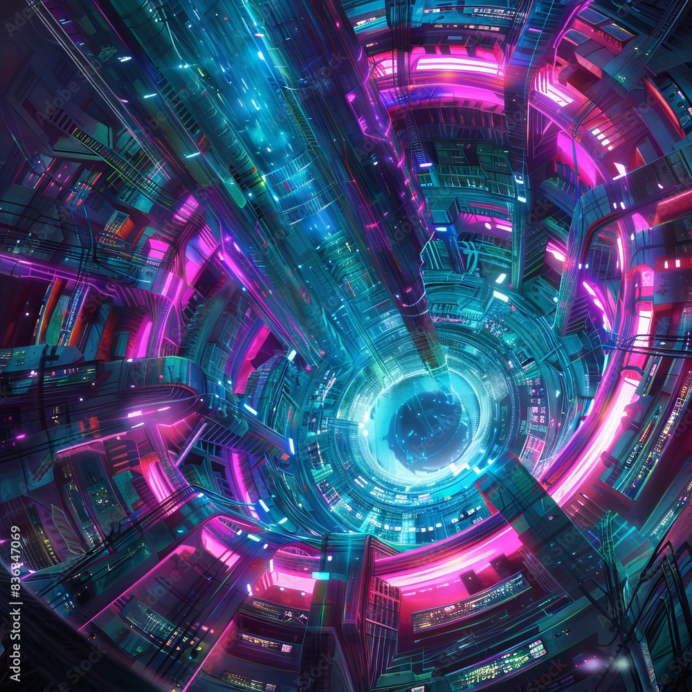 Poster abstract digital cityscape with neon lights and rotating structure
