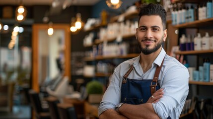 Portrait of a confident young arab male hairdresser in an apron standing next to a salon chair - Powered by Adobe