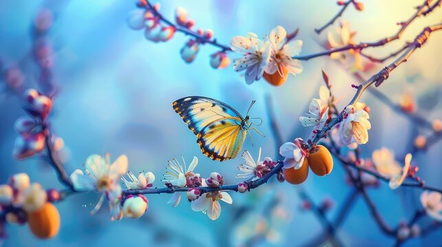 A picturesque moment captured in nature, with a butterfly resting on the rough bark of a tree,  - Powered by Adobe