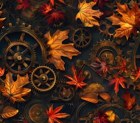 Graceful Autumn Leaves Swirling Around Vintage Brass Clockwork in Cinematic Industrial Realism