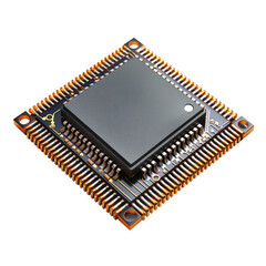 Close-up of a microchip with gold connectors, isolated on white background, highlighting the intricate design of modern technology. transparent backgrounds