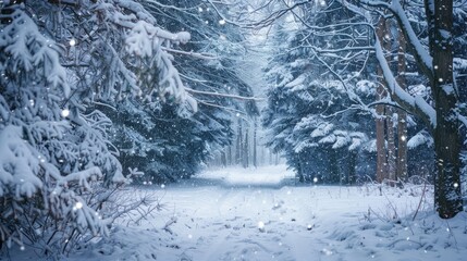 Snow covered winter scene in the holiday woods