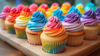 Colorful Cupcakes with Rainbow Swirl Frosting on a Tray. Vibrant Pastel Icing, Topping, Cream. Tea Party, Kids Birthday, Celebration, Bakery Display, Candy Shop. Delicious, Sweet Snack Dessert Treat