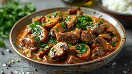 Fototapeta premium An elegant serving of beef stroganoff, featuring sautéed beef strips in a creamy mushroom sauce, accompanied by steamed rice.