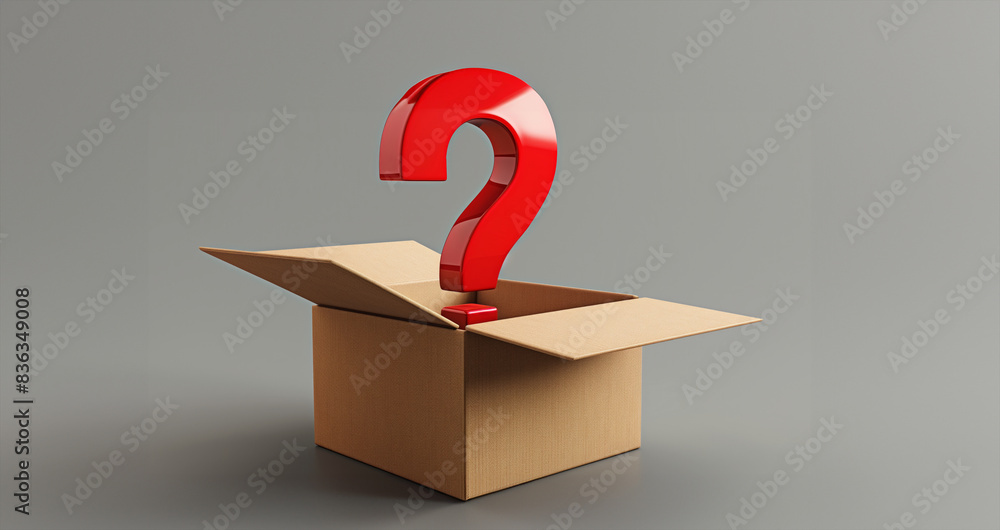 Aufkleber a box with a red question mark on top of it. red 3d question mark in cardbox