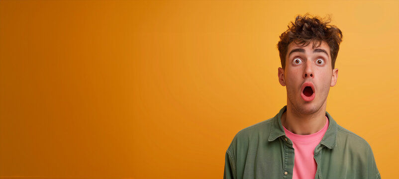 A man with a surprised expression on his face is staring at the camera. Young man with uncertain surprised or confused expression, mildly shocked, large open eyes. Banner with copy space left side