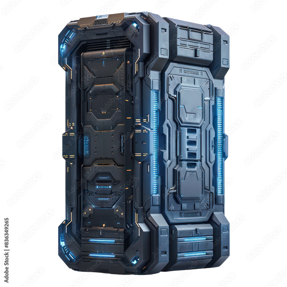 Poster high-tech futuristic sci-fi container with intricate details and glowing blue lights, ideal for game