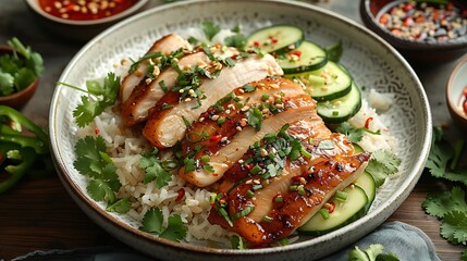 An overhead shot of a classic chicken rice meal, with tender poached chicken slices served on a bed of fragrant rice, garnished with cucumber slices and cilantro.
